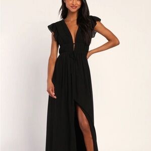 Lulu's Black V-Neck Flutter Sleeve Maxi Dress